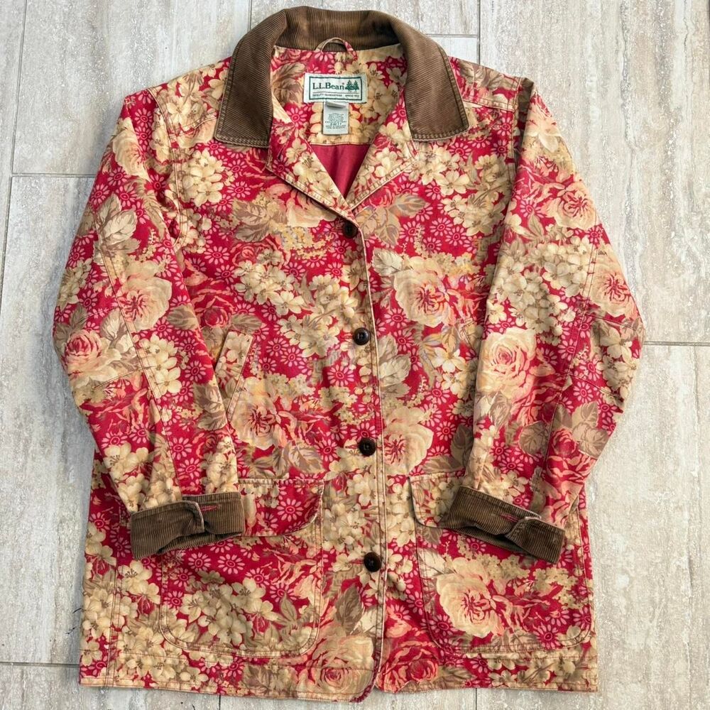 Vtg 90s LL Bean Floral Barn Jacket Red Cotton Canvas Chore Coat Corduroy Large